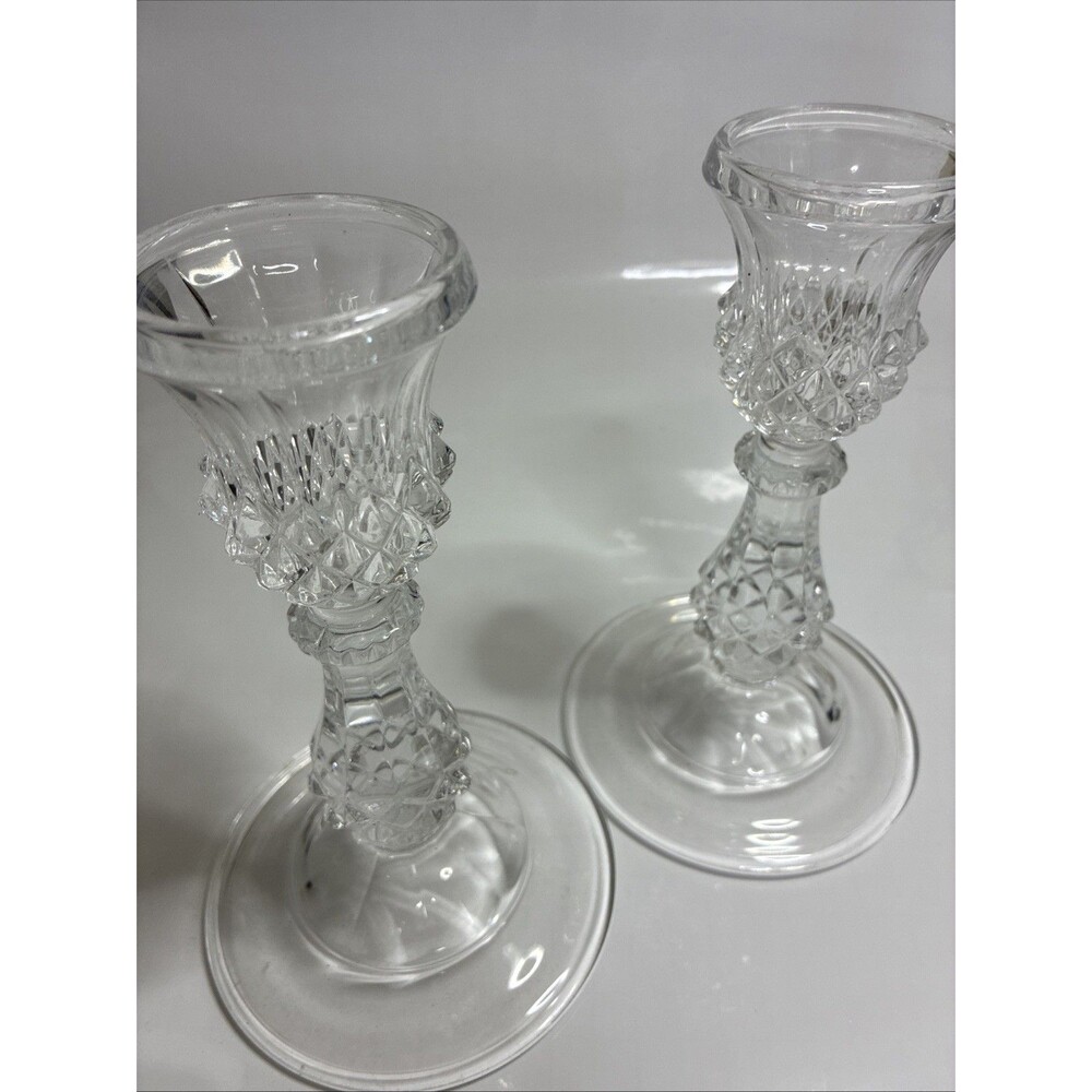 ELEGANT CRYSTAL CANDLE STICK HOLDERS~DIAMOND POINT STYLE~6.75 IN.